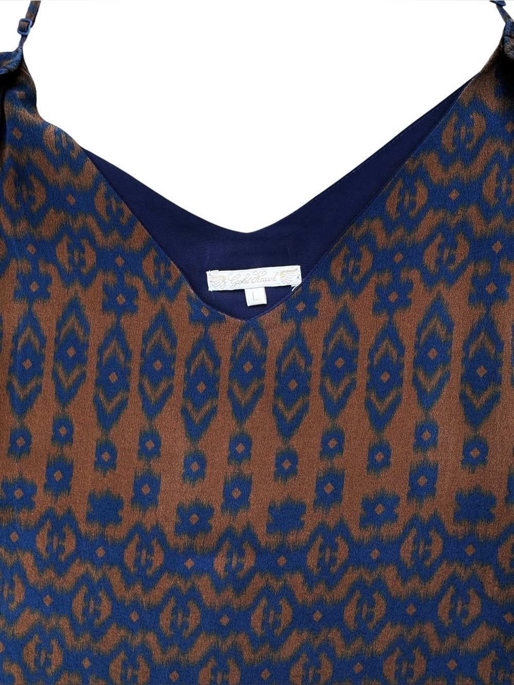 Gold Hawk Off Shoulder Silk Cami Top Brown Navy Ikat Print - L - Picture 4 of 6
